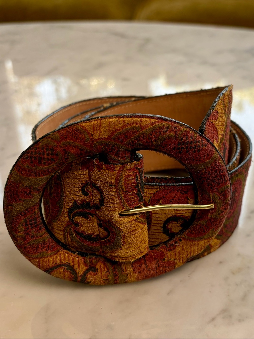Jenny& The Boys Leather & Tapestry Paisley 2” W Belt, Oval Buckle, brown/grn, M - Picture 2 of 8